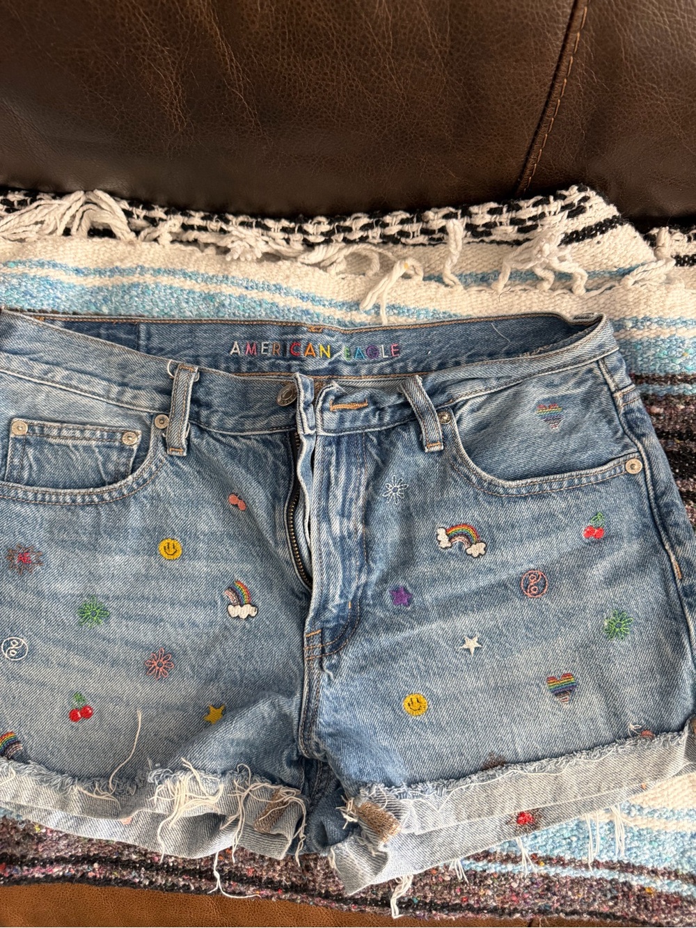 American Eagle Outfitters Embroidered Light Wash Denim Shorts - Rainbow size 6